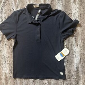 NWT Vuori Pose Fitted Polo Shirt Women Large Black Rib Knit Cropped